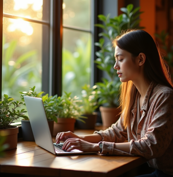 Nomade digital travaillant dans un café lumineux à Chiang Mai