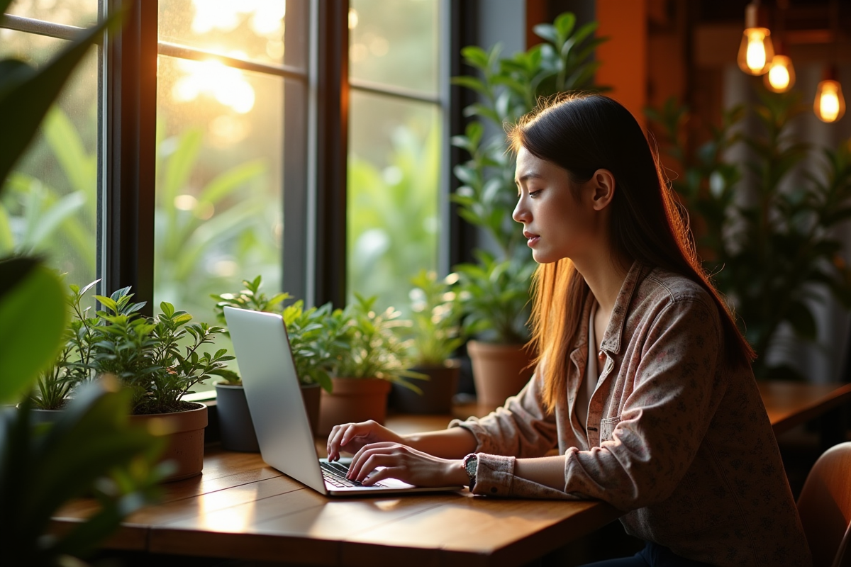 Nomade digital travaillant dans un café lumineux à Chiang Mai