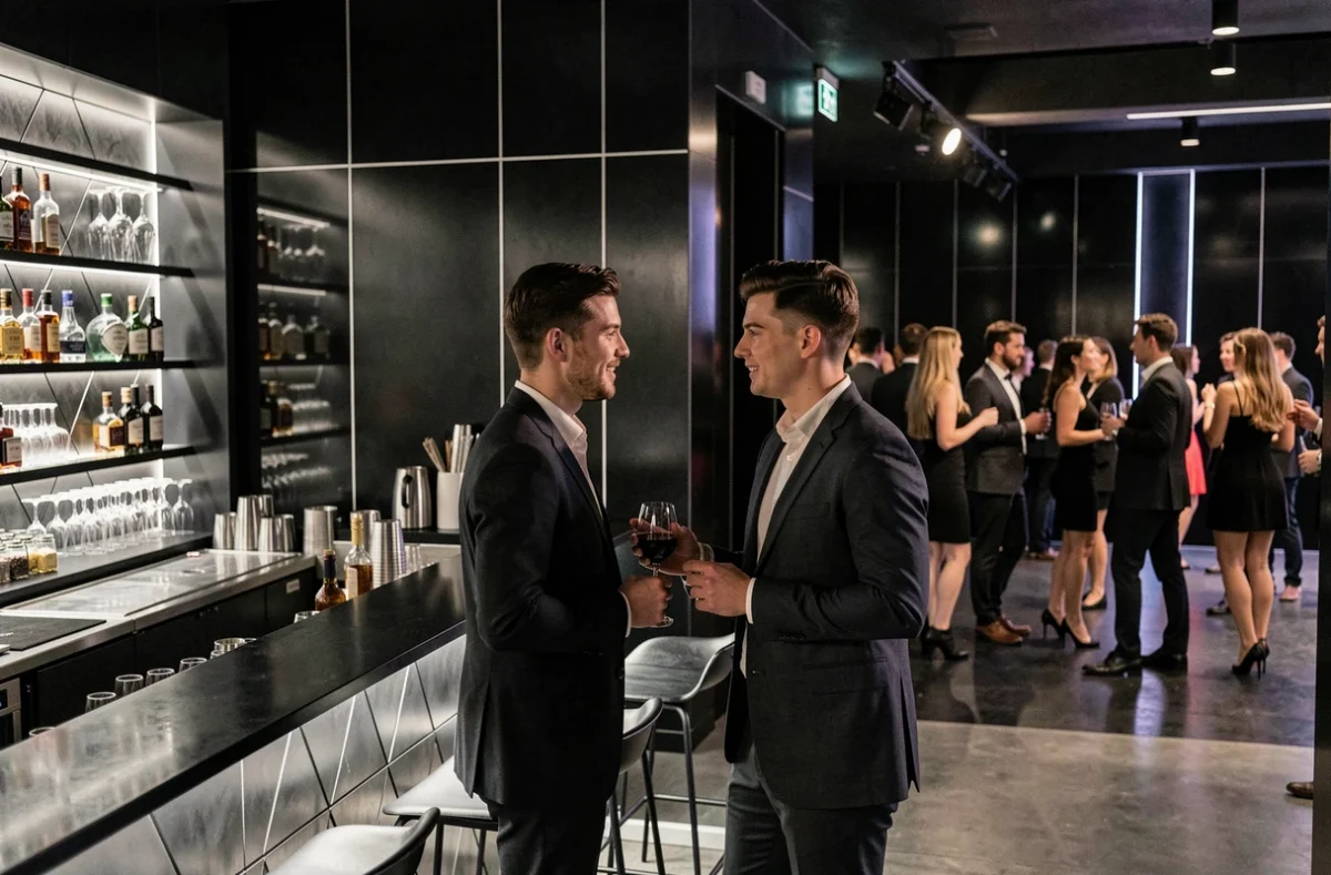 Ambiance minimaliste chic du One Club à Brest avec bar élégant et clientèle distinguée