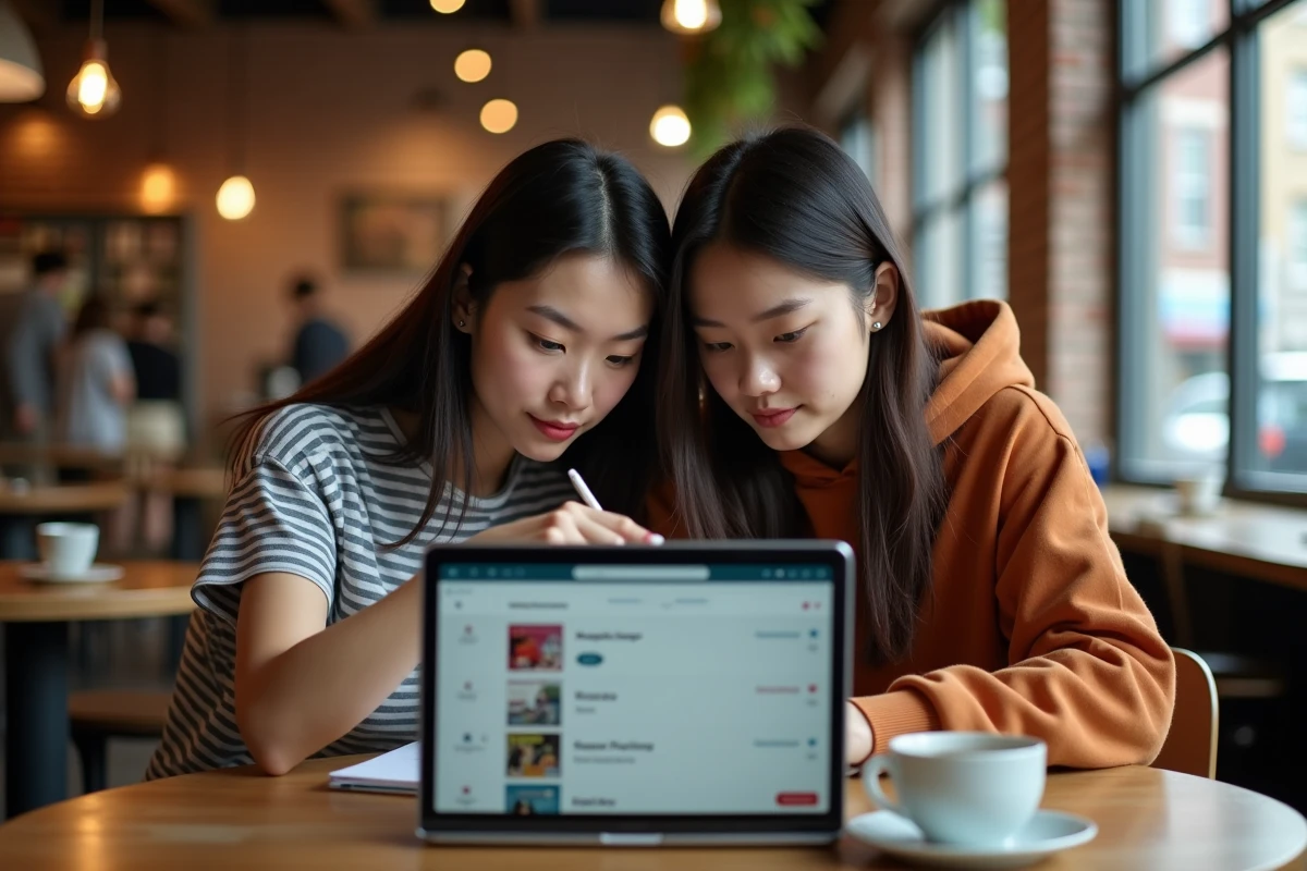 Deux amies consultant et organisant ensemble une bibliothèque de mangas yaoi et Boys Love sur un ordinateur portable dans un café