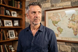Portrait d'un homme aux origines culturelles mixtes devant des cartes historiques et des photographies de famille encadrées dans une salle d'archives