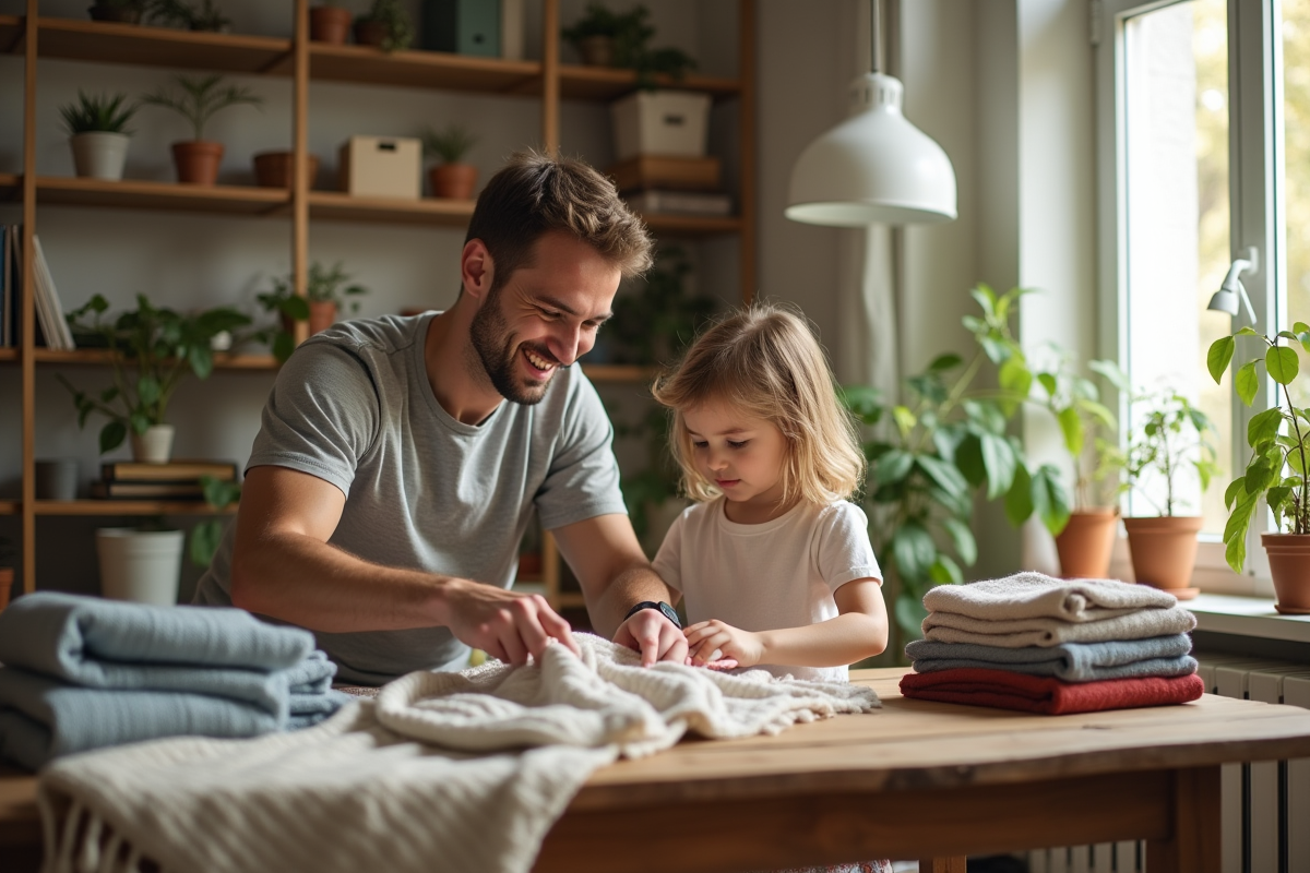 Père faisant la lessive avec sa fille dans un salon chaleureux