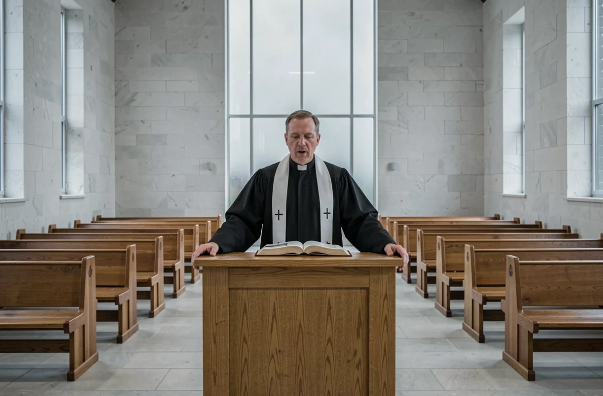 Pasteur protestant en robe noire prêchant depuis une chaire en bois dans une église réformée aux murs blanchis à la chaux et aux bancs en bois