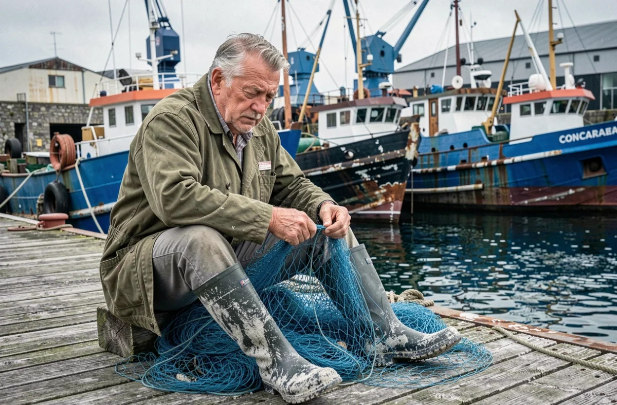 Pêcheur breton réparant ses filets sur le port de pêche de Concarneau avec chalutiers traditionnels en arrière-plan