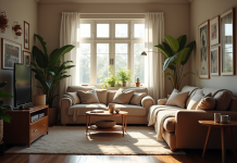 Petit salon encombré avec meubles volumineux et lumière naturelle