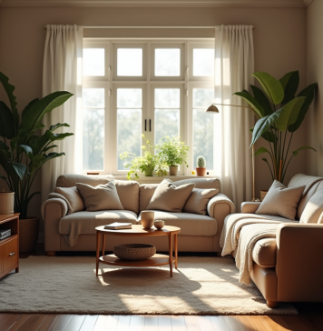 Petit salon encombré avec meubles volumineux et lumière naturelle