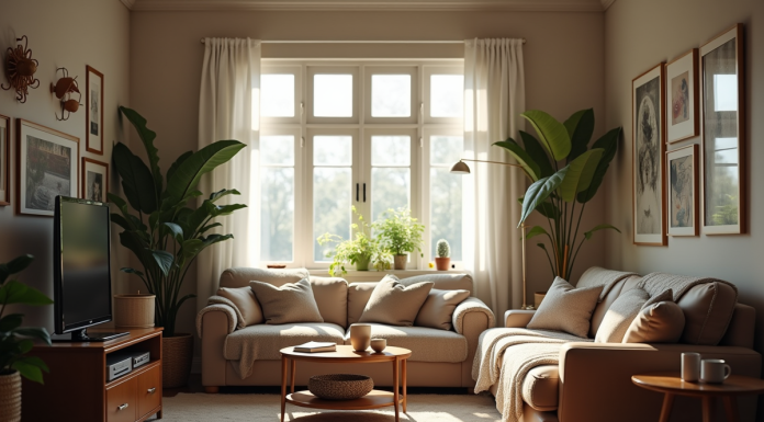 Petit salon encombré avec meubles volumineux et lumière naturelle