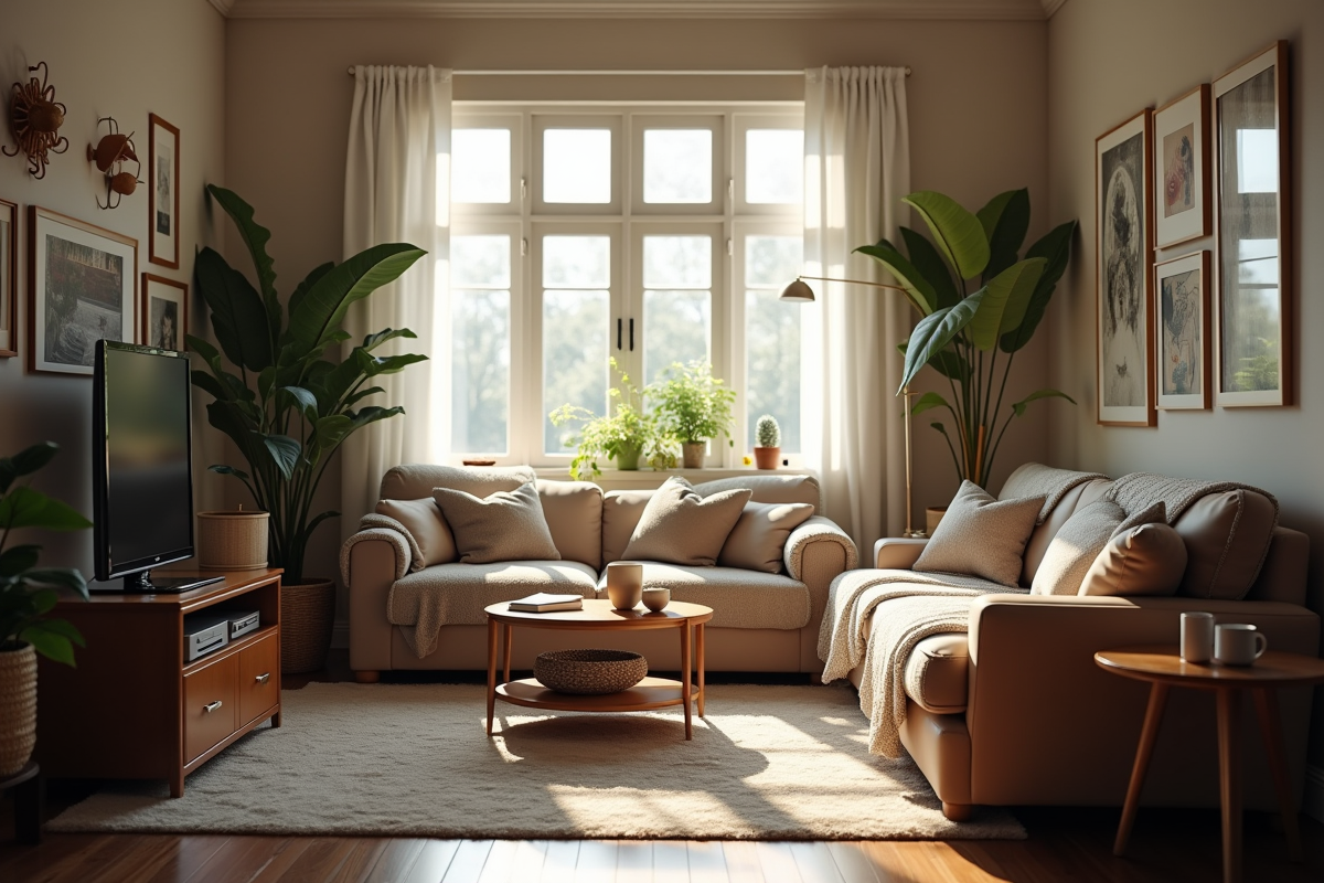 Petit salon encombré avec meubles volumineux et lumière naturelle