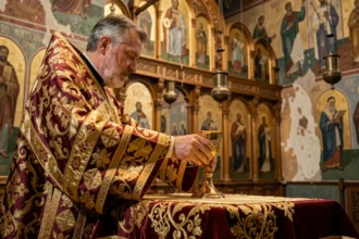 Prêtre orthodoxe en vêtements liturgiques dorés plaçant un calice sur un autel dans une église byzantine richement décorée d'icônes et de fresques