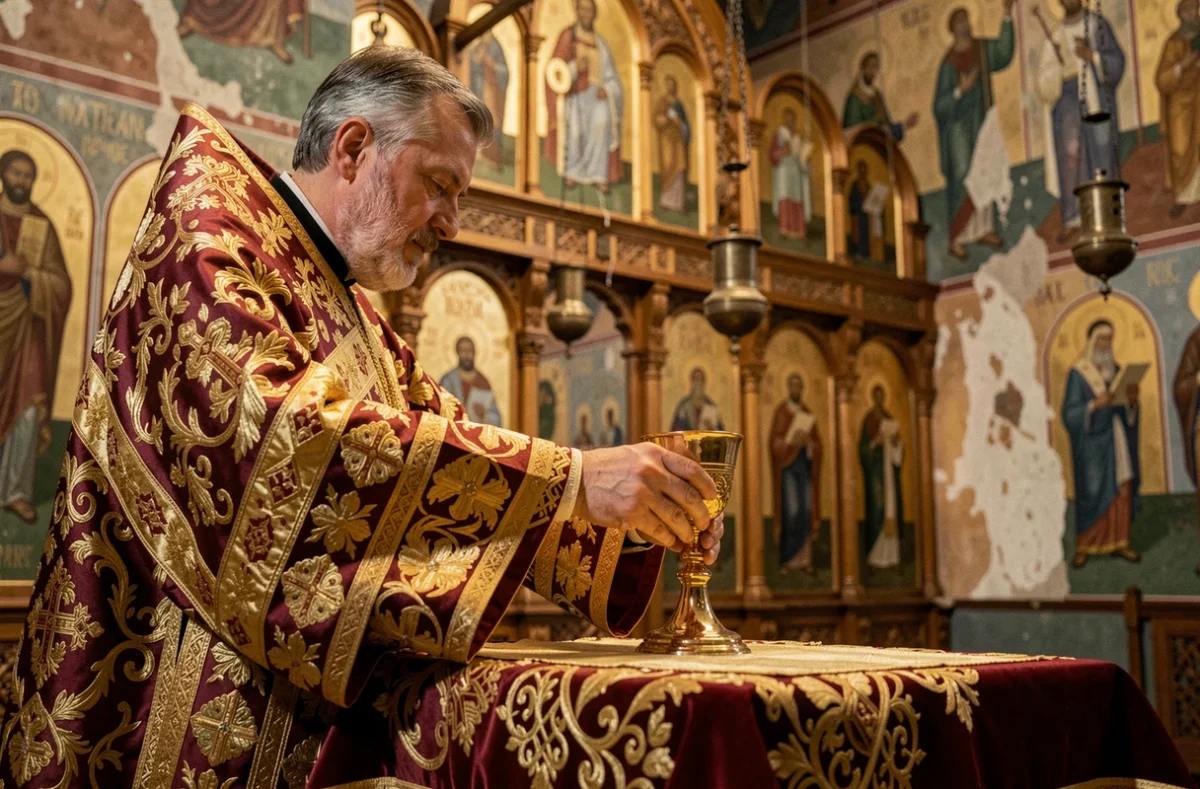 Prêtre orthodoxe en vêtements liturgiques dorés plaçant un calice sur un autel dans une église byzantine richement décorée d'icônes et de fresques