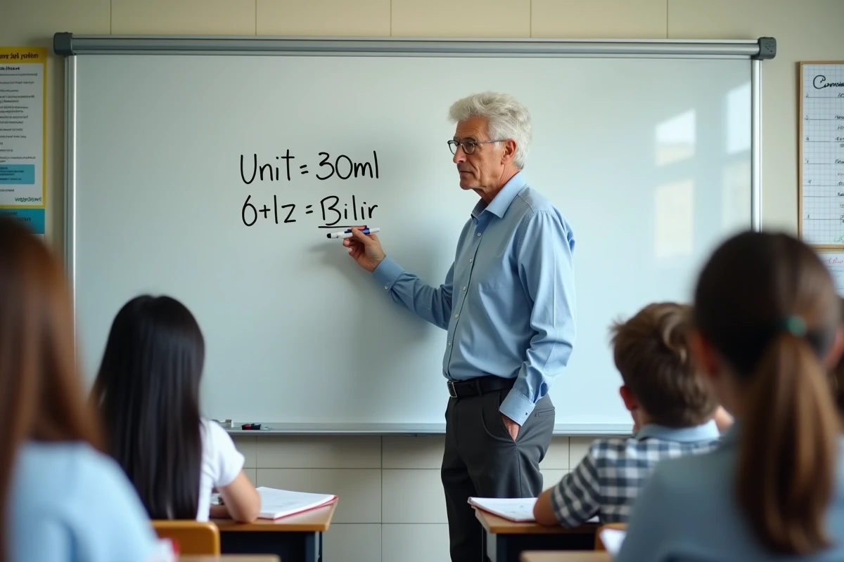 Professeur expliquant la conversion d'unités de volume au tableau blanc devant des élèves de collège en classe de mathématiques