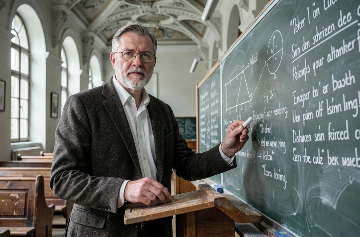 Professeur de philosophie devant un tableau noir avec des citations philosophiques, illustrant le débat entre Schopenhauer et Nietzsche