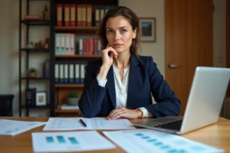 Professeure certifiée analysant sa grille salariale et des documents de mutation sur un bureau à domicile