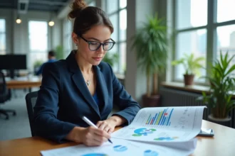 Professionnelle annotant un rapport extra-financier dans un bureau moderne, illustrant la rigueur du reporting ESG