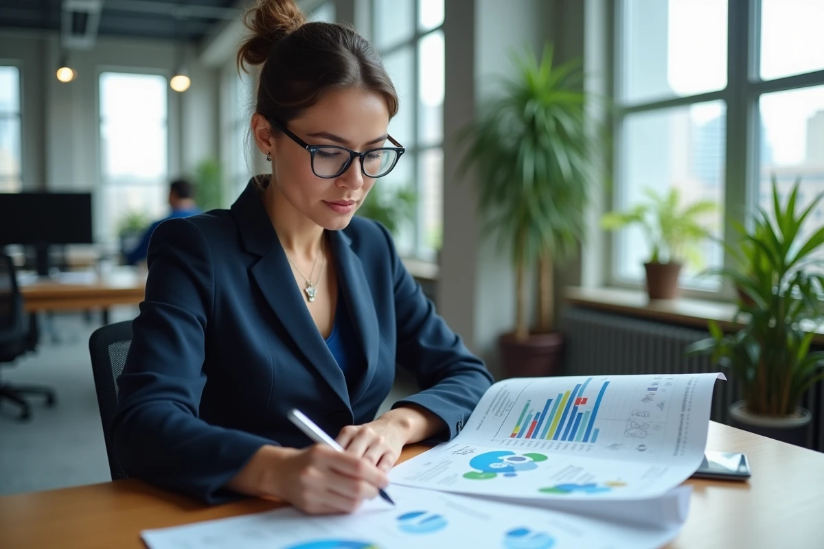 Professionnelle annotant un rapport extra-financier dans un bureau moderne, illustrant la rigueur du reporting ESG