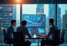 Professionnels analysant des données financières numériques modernes
