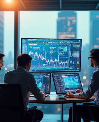 Professionnels analysant des données financières numériques modernes