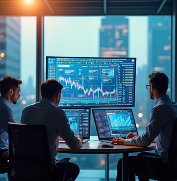 Professionnels analysant des données financières numériques modernes