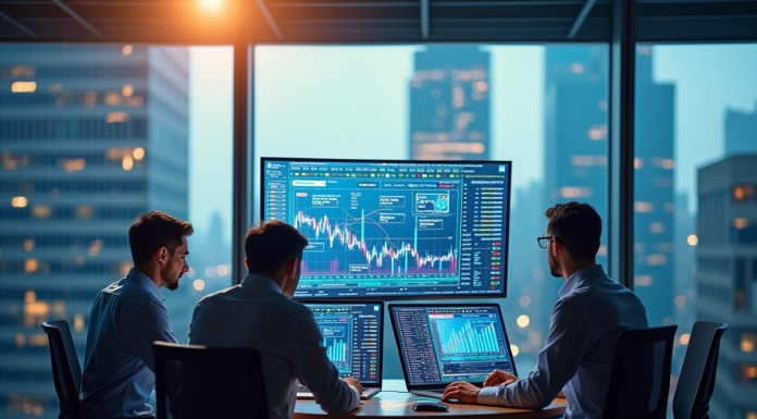 Professionnels analysant des données financières numériques modernes