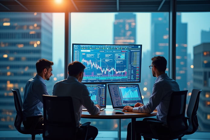 professionnels-finance-digital Professionnels analysant des données financières numériques modernes