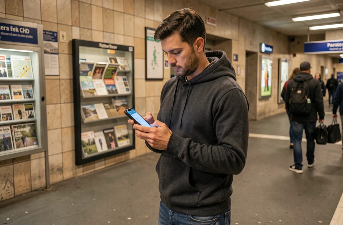 Homme cherchant des toilettes publiques proches sur son smartphone près d'une station de métro