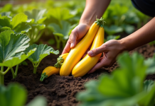 Mains récoltant des courgettes jaunes dans un jardin ensoleille
