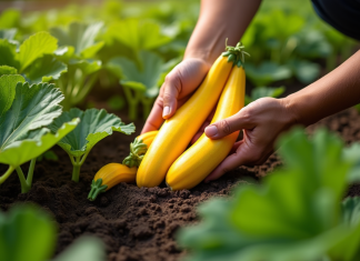 Comment cultiver soi-même des courgettes jaunes ? Mains récoltant des courgettes jaunes dans un jardin ensoleille