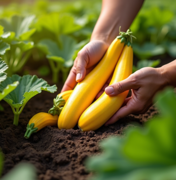 Mains récoltant des courgettes jaunes dans un jardin ensoleille
