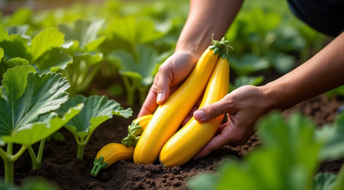 Mains récoltant des courgettes jaunes dans un jardin ensoleille
