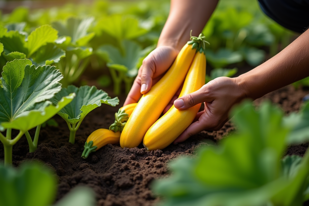Mains récoltant des courgettes jaunes dans un jardin ensoleille