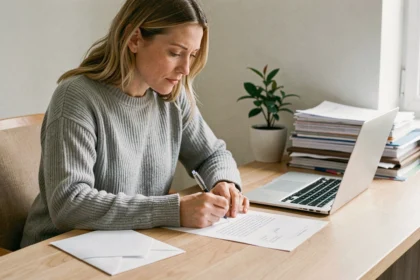 Femme rédigeant une lettre de résiliation SFR box à son bureau à domicile