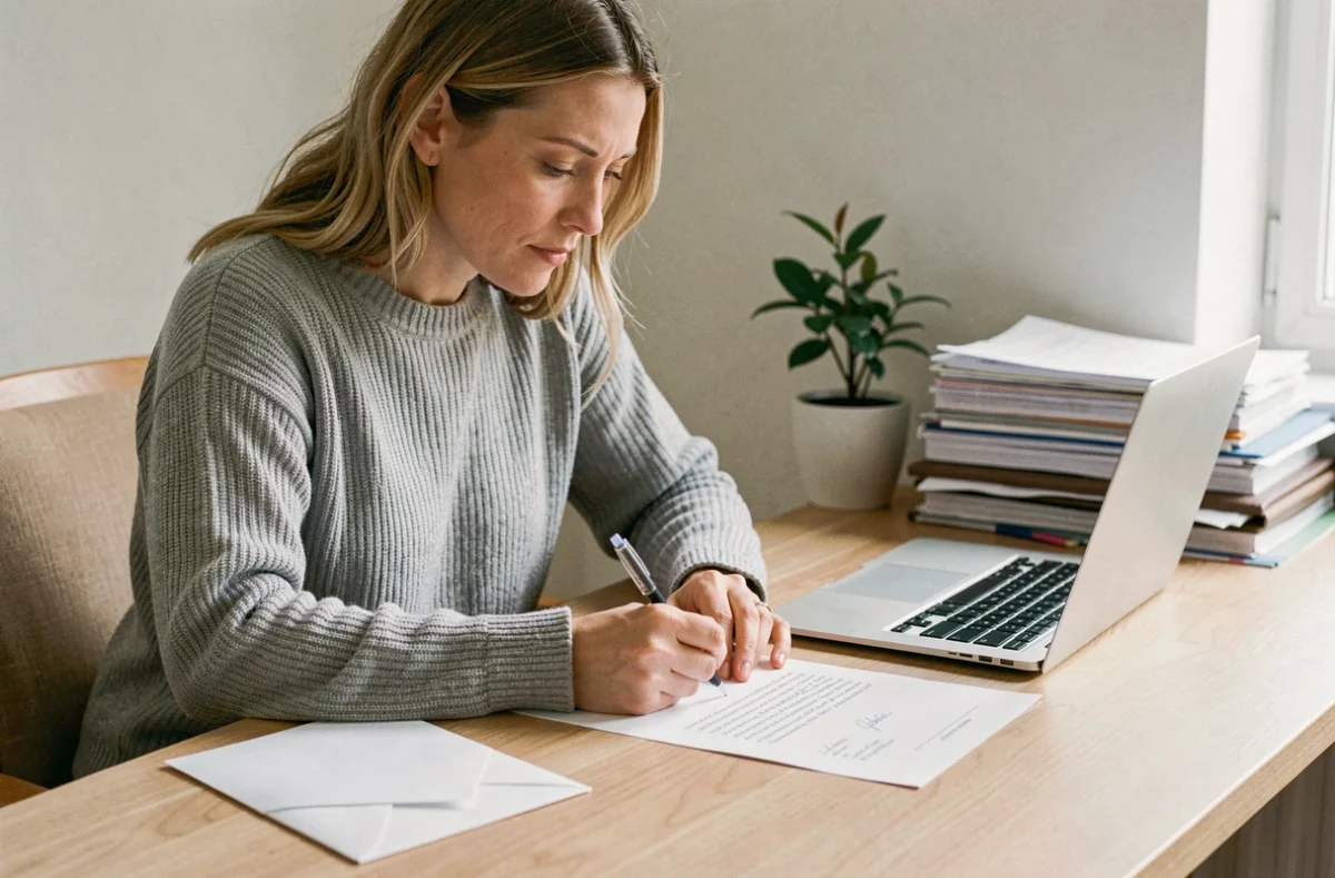 Femme rédigeant une lettre de résiliation SFR box à son bureau à domicile