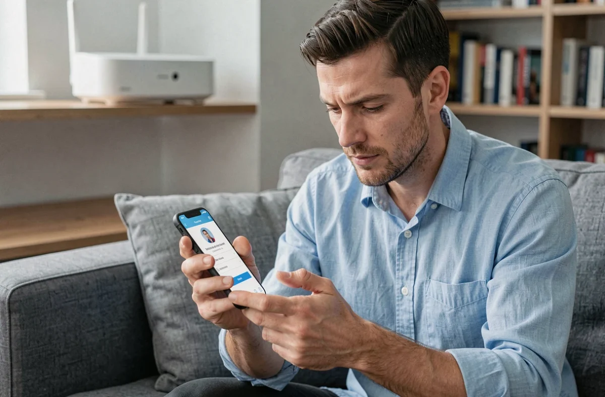 Homme gérant la résiliation de sa box SFR en ligne depuis son salon