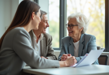 Femme retraitée souriante avec assistante dans un bureau lumineux