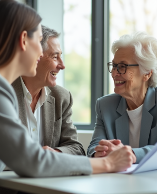 Femme retraitée souriante avec assistante dans un bureau lumineux