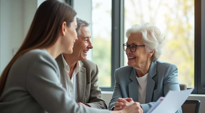 Femme retraitée souriante avec assistante dans un bureau lumineux