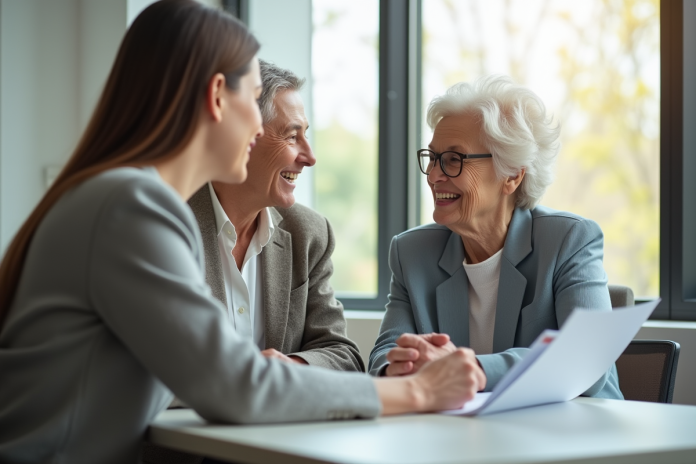 retraitee-souriante-office Femme retraitée souriante avec assistante dans un bureau lumineux