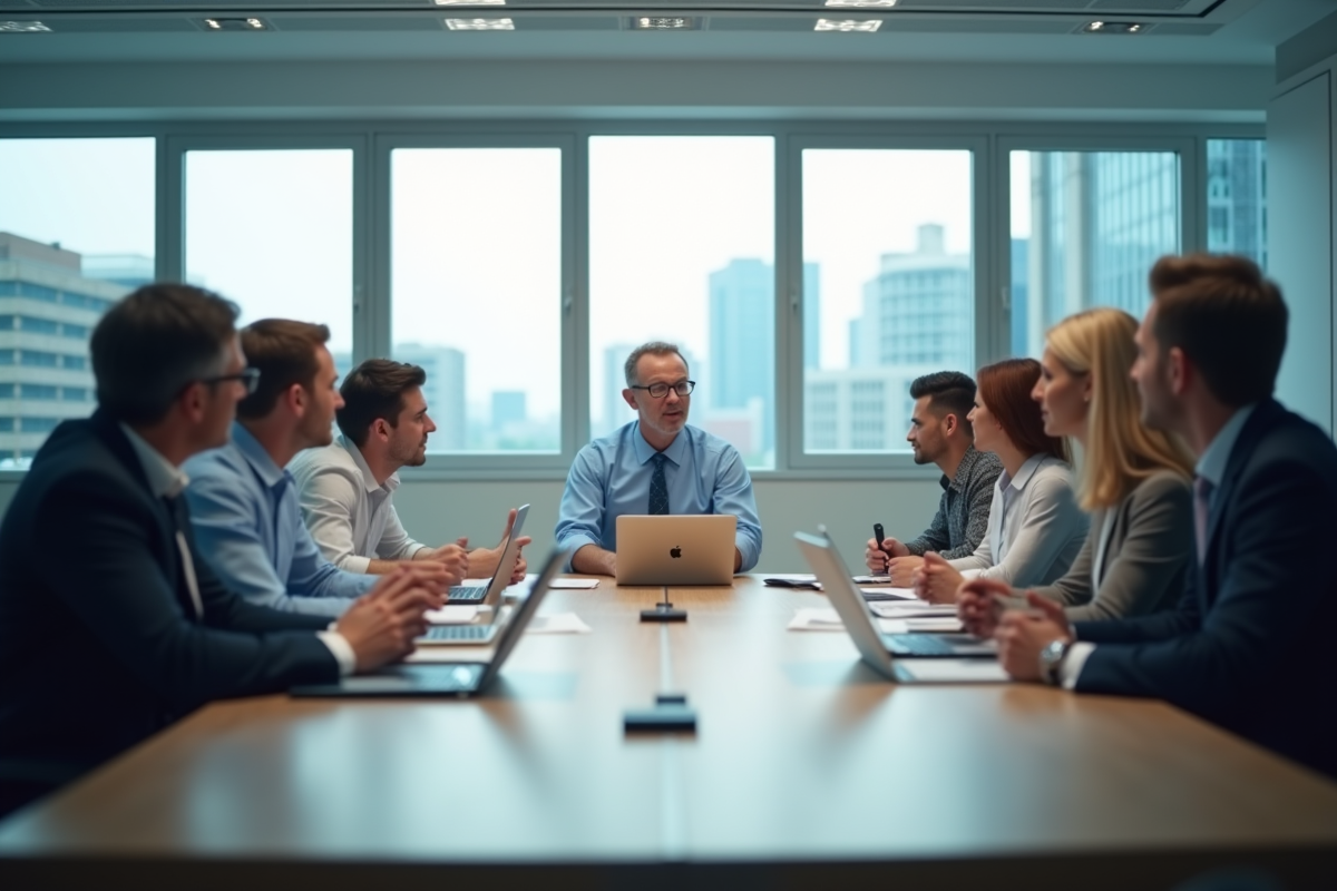 Groupe de travailleurs ferroviaires en réunion d'entreprise