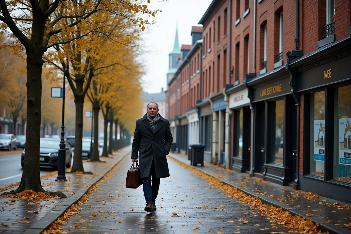 Homme marchant sur une rue d'Angleterre aux maisons en briques rouges dans une ville du nord de la France comme Lille en automne