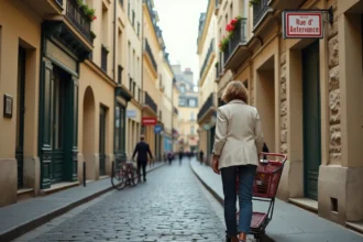 Femme tirant un caddie dans une rue d'Angleterre typique avec façades haussmanniennes et panneau de rue visible