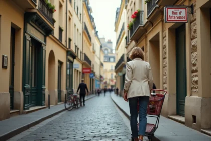 Femme tirant un caddie dans une rue d'Angleterre typique avec façades haussmanniennes et panneau de rue visible