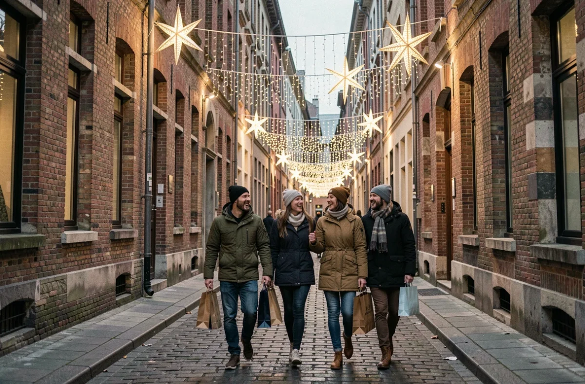 Rue pavée du vieux Lille décorée de guirlandes lumineuses et de lanternes étoilées pour Noël 2026, avec un groupe d'amis se promenant en soirée