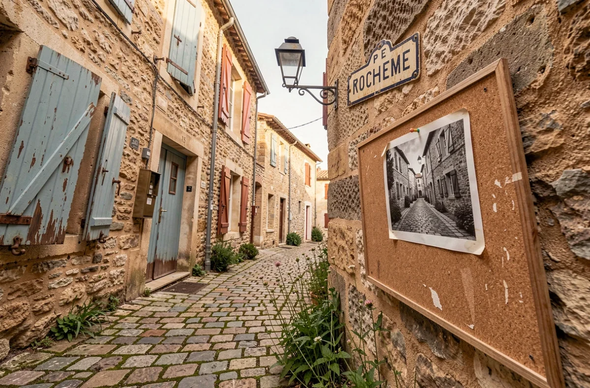 Ruelle pavée d'un village du sud de la France avec volets patinés, plaque de rue ancienne et photographie historique épinglée sur un mur en pierre