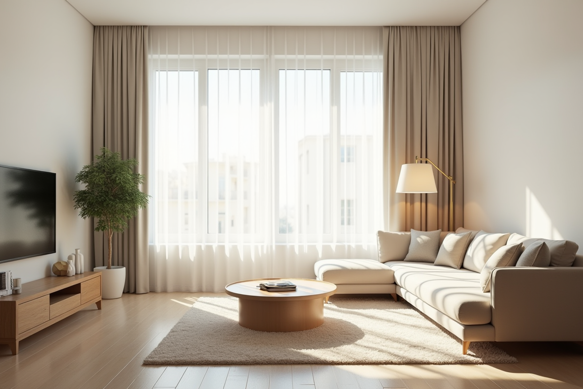 Salon minimaliste lumineux avec mobilier épuré et lumière douce