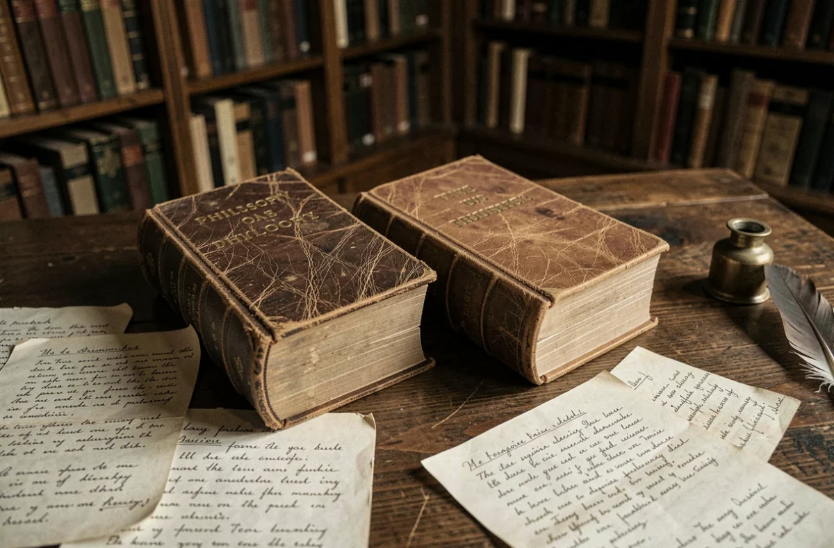 Deux livres de philosophie anciens côte à côte sur un bureau en bois, évoquant la pensée de Schopenhauer et Nietzsche