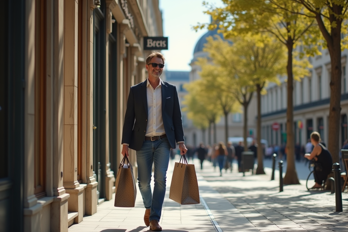 Homme sortant d une boutique de luxe dans une rue parisienne