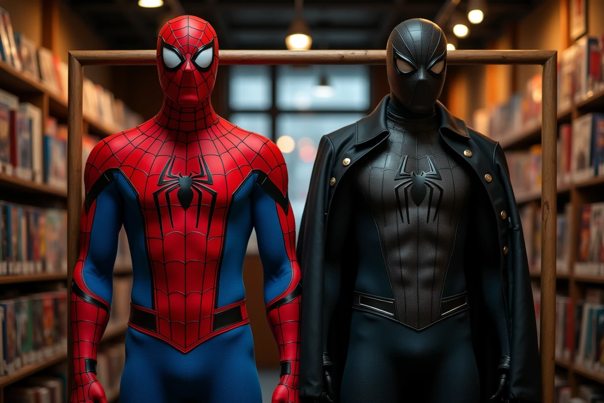 Deux costumes Spider-Man côte à côte dans une boutique de comics, l'un classique et l'autre sombre, illustrant la dualité héros-méchant du personnage