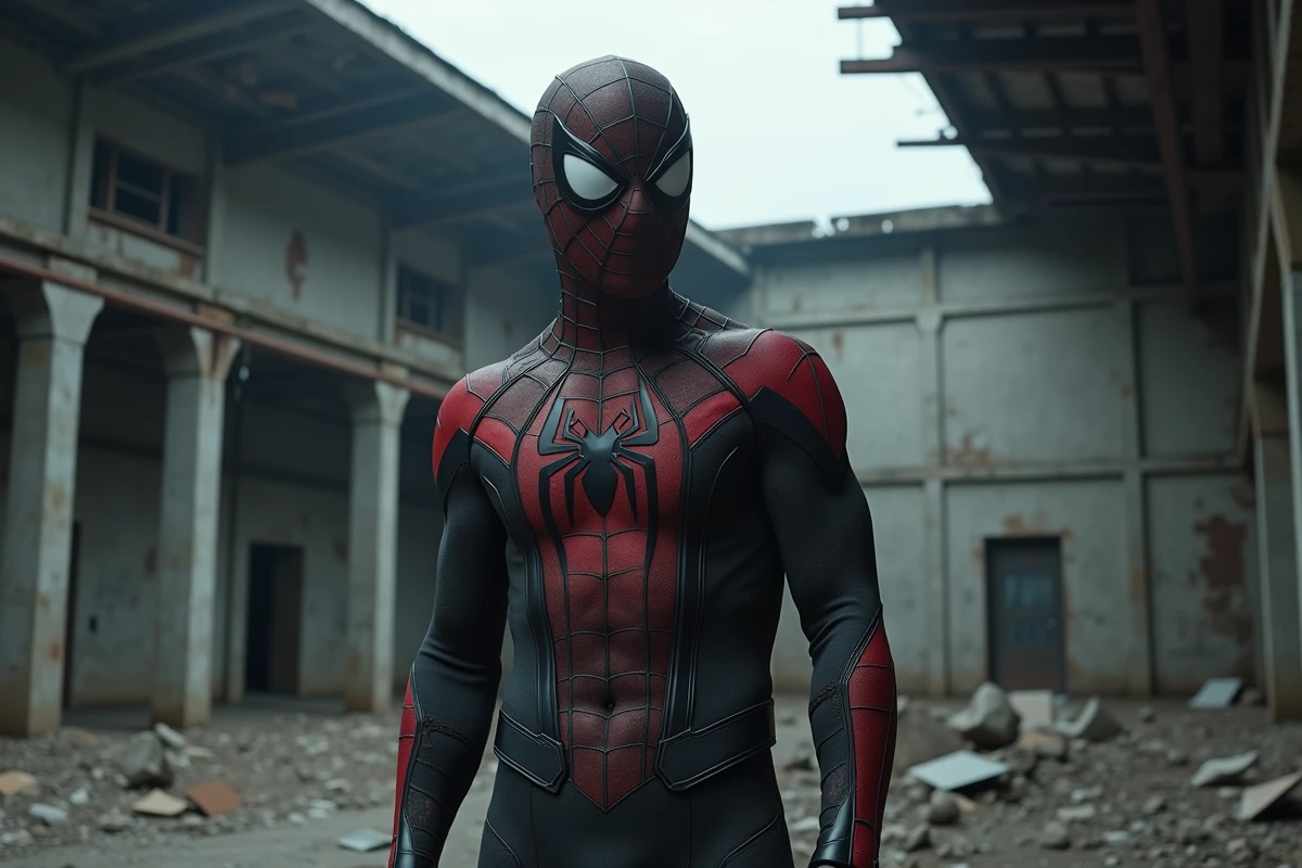 Cosplayer en costume de Spider-Man noir et rouge déchiré dans un entrepôt abandonné, incarnant le côté obscur du super-héros