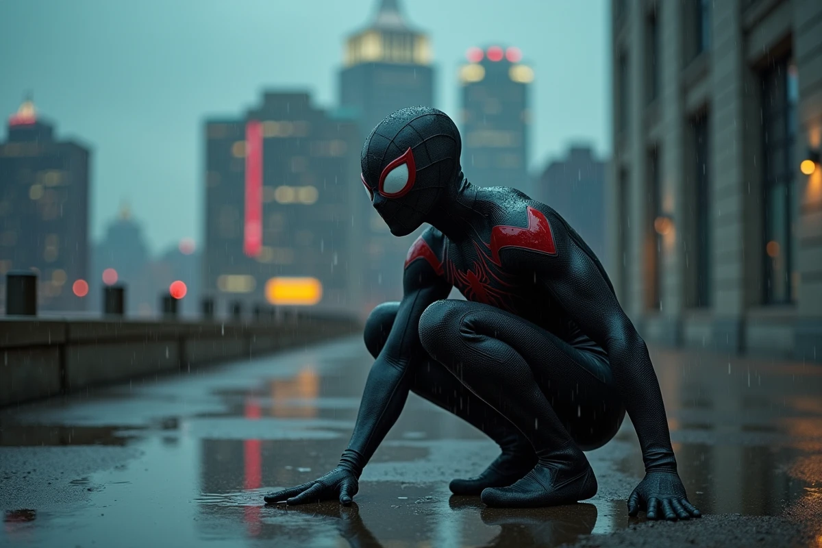 Personnage en costume Spider-Man sombre accroupi sur un toit mouillé avec vue sur une ville nocturne, symbolisant la transformation du héros en antagoniste