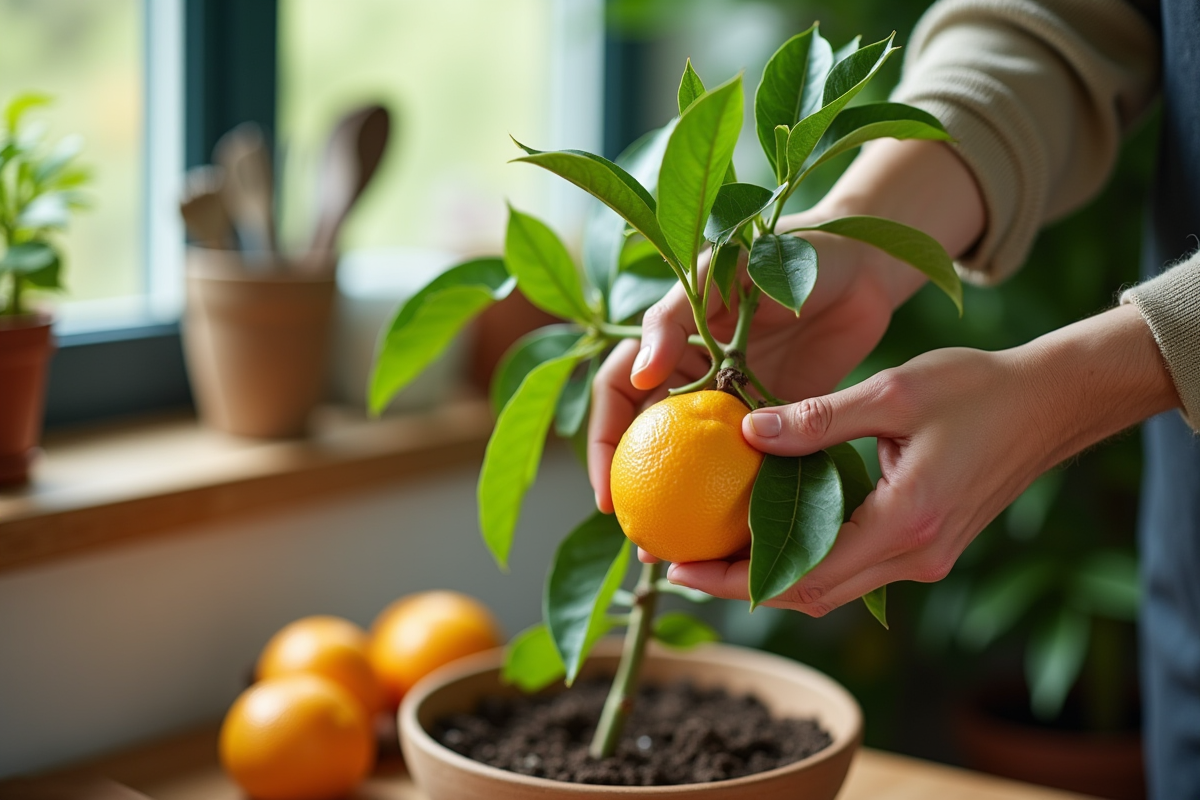 Main taillant un citronnier en cuisine lumineuse